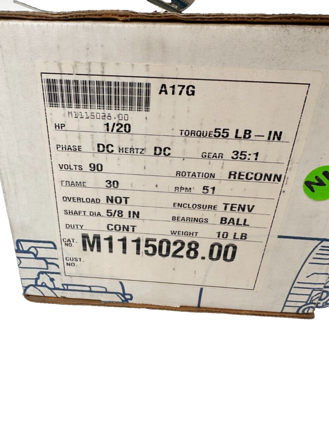 Leeson 1/20Hp Gearmotor 90Vdc 35:1 Ratio TENV 5/8 In. Shaft M1115028.00 New - Image 2