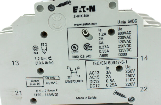 Eaton FAZ-D10/3-NA Circuit Breaker, 3-Pole w/ Z-IHK-NA Auxiliary Contact 5VDC - Image 5