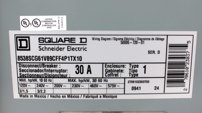 Square D 30Amp Size 1 Combination Motor Starter 8538SCG61V89CFF4P1TX10 New - Image 5