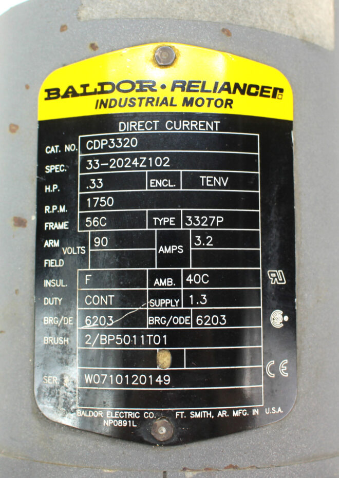 Baldor Reliance CDP3320 Electric Motor 0.33HP 90V w/ F718-60S-B5-G Speed Reducer - Image 3