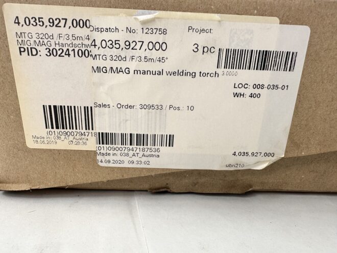 Fronius 4.035,927,000 Mig/Mag Manual Welding Torch MTG 320D/F/3.5m/45 Degree New - Image 2