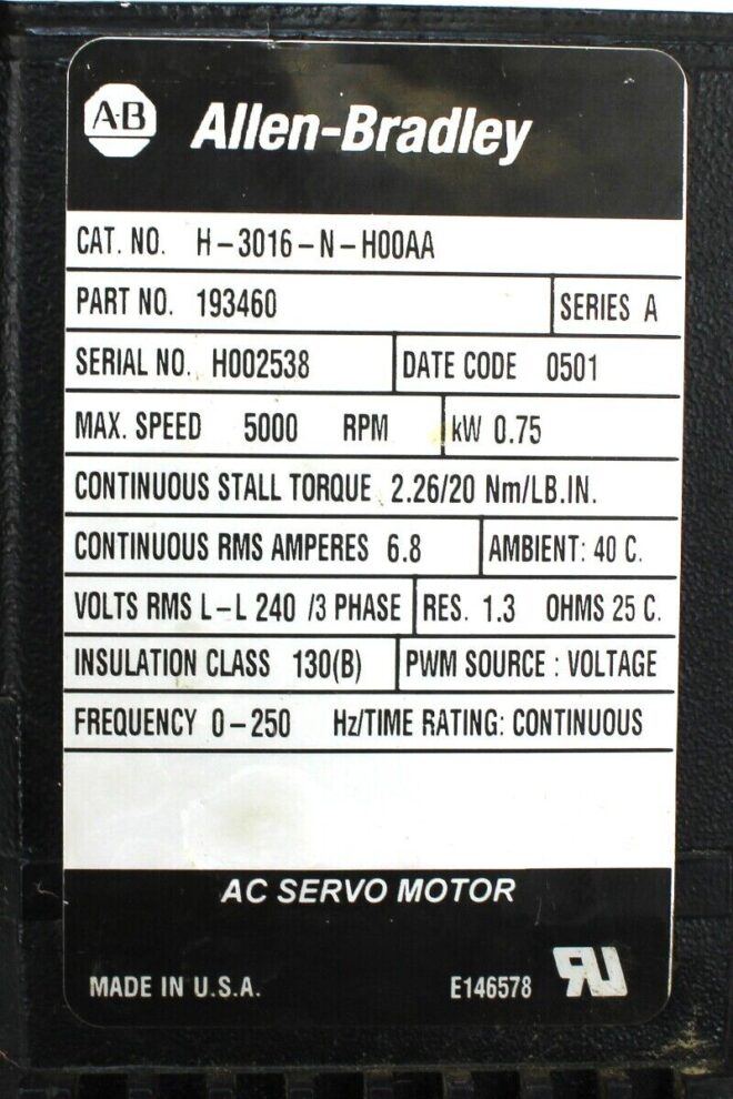 Allen Bradley H-3016-N-H00AA Servo Motor, Ser.A - Image 5